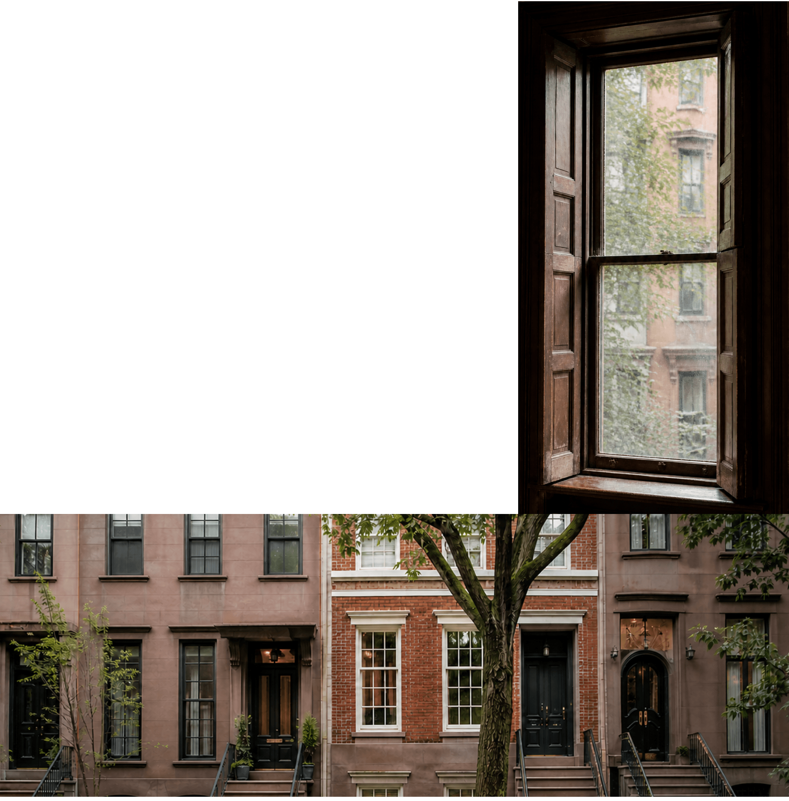 A tall sash window with wooden shutters looking onto a brownstone facade, above a row of New York brownstones with stoops and street trees