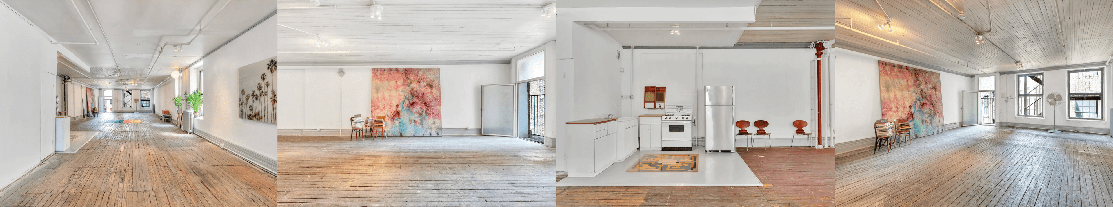 A panoramic collage of a bright, open loft with wood floors, white walls, large abstract art, a simple kitchen, and minimal seating.