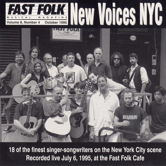 Cover of Fast Folk Musical Magazine, Volume 8, Number 4, October 1995, titled New Voices NYC. A black and white group photograph shows a crowd of people, several holding acoustic guitars, standing and sitting in front of a storefront with a sign reading Fast Folk Cafe. Text below the photo reads: 18 of the finest singer-songwriters on the New York City scene, Recorded live July 6, 1995, at the Fast Folk Cafe.